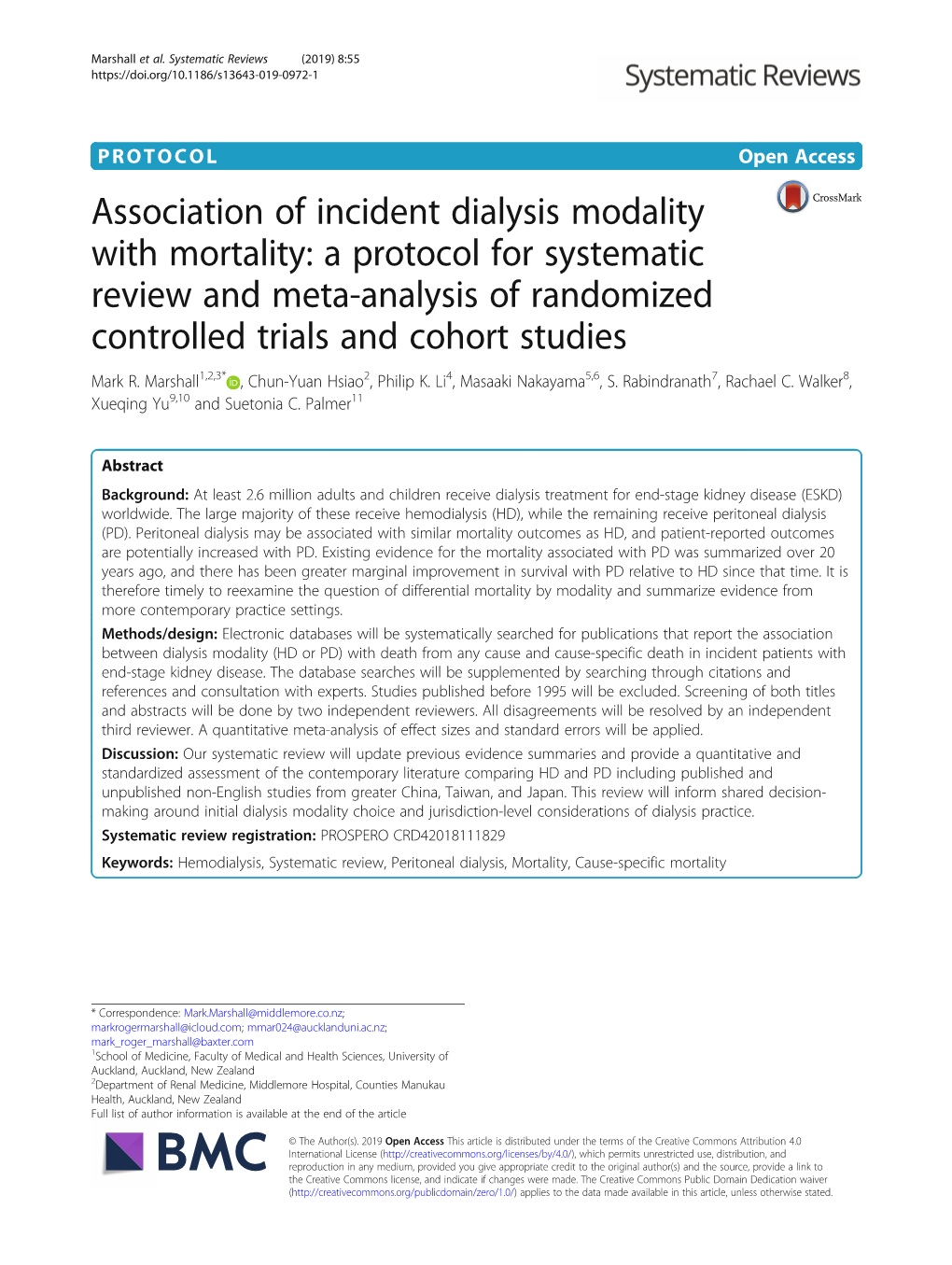 Association of Incident Dialysis Modality with Mortality: a Protocol for Systematic Review and Meta-Analysis of Randomized Controlled Trials and Cohort Studies Mark R