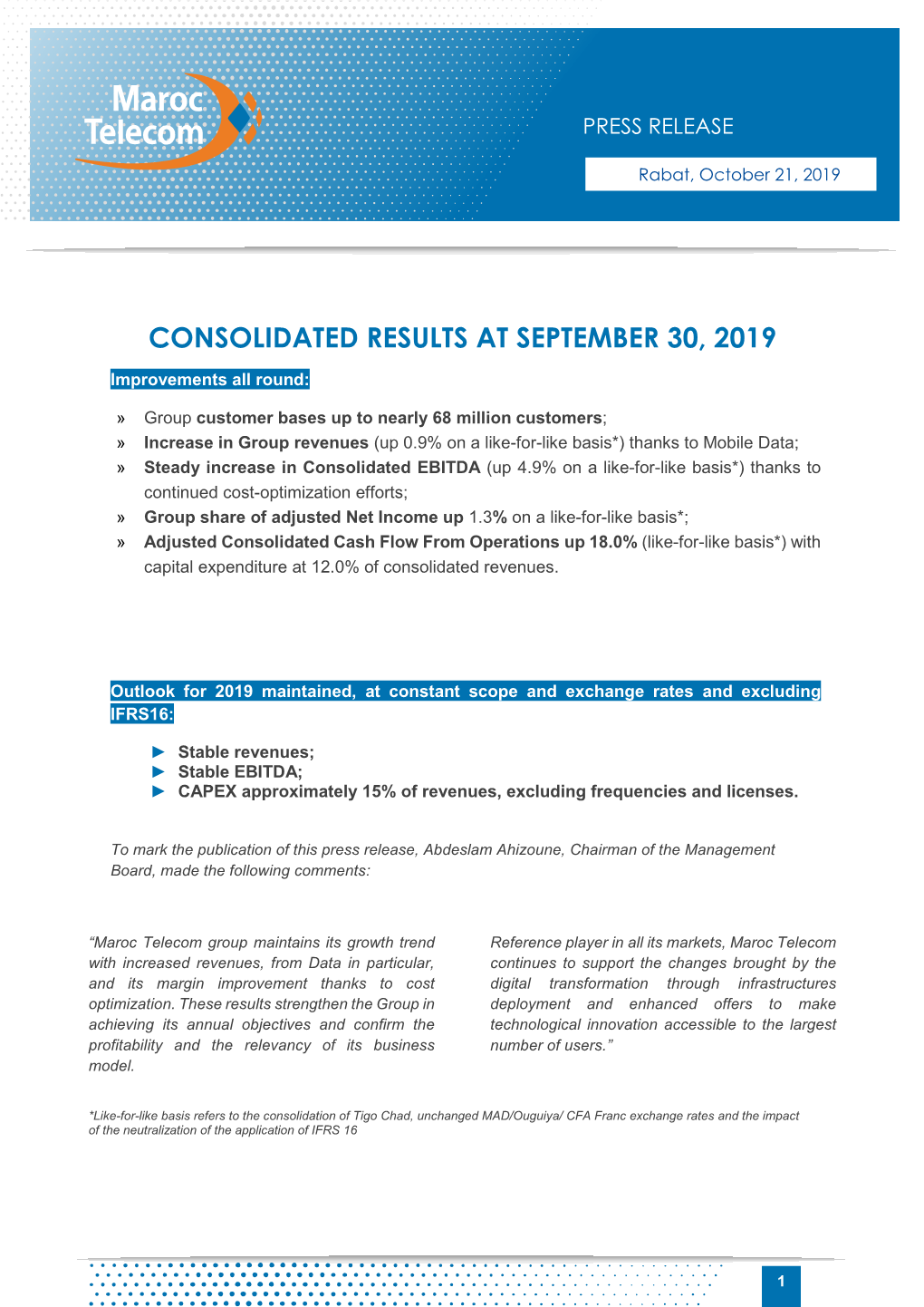 Consolidated Results at September 30, 2019