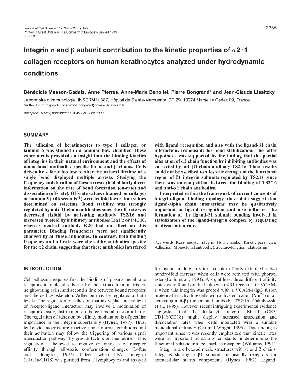 Kinetic Properties of Collagen Receptors on Human Keratinocytes 2337