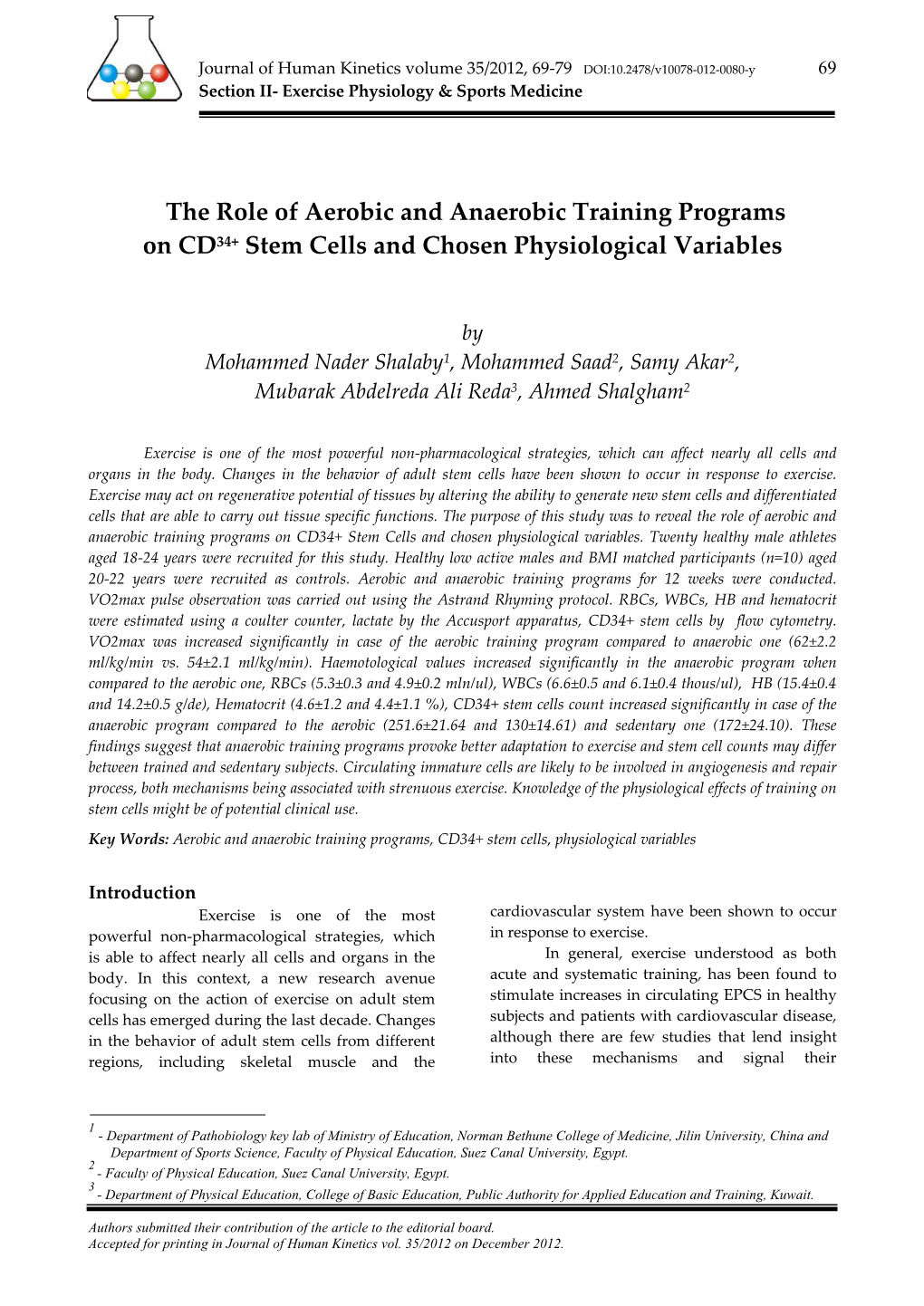 The Role of Aerobic and Anaerobic Training Programs on CD34+ Stem Cells and Chosen Physiological Variables