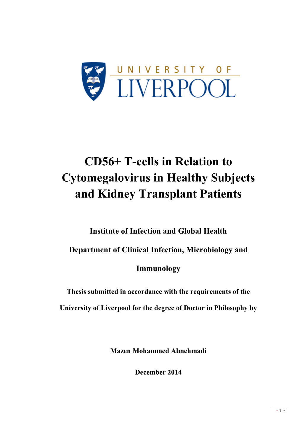 CD56+ T-Cells in Relation to Cytomegalovirus in Healthy Subjects and Kidney Transplant Patients