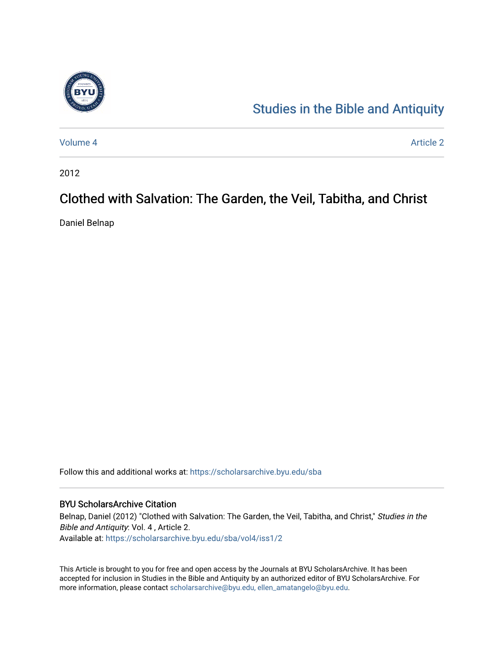 Clothed with Salvation: the Garden, the Veil, Tabitha, and Christ