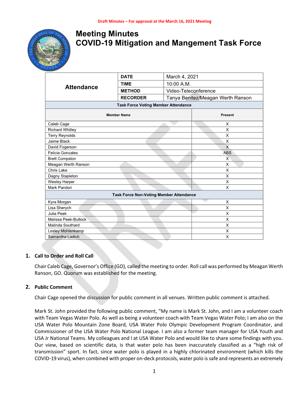 Agenda Item #3 Draft COVID-19 Mitigation and Management Task