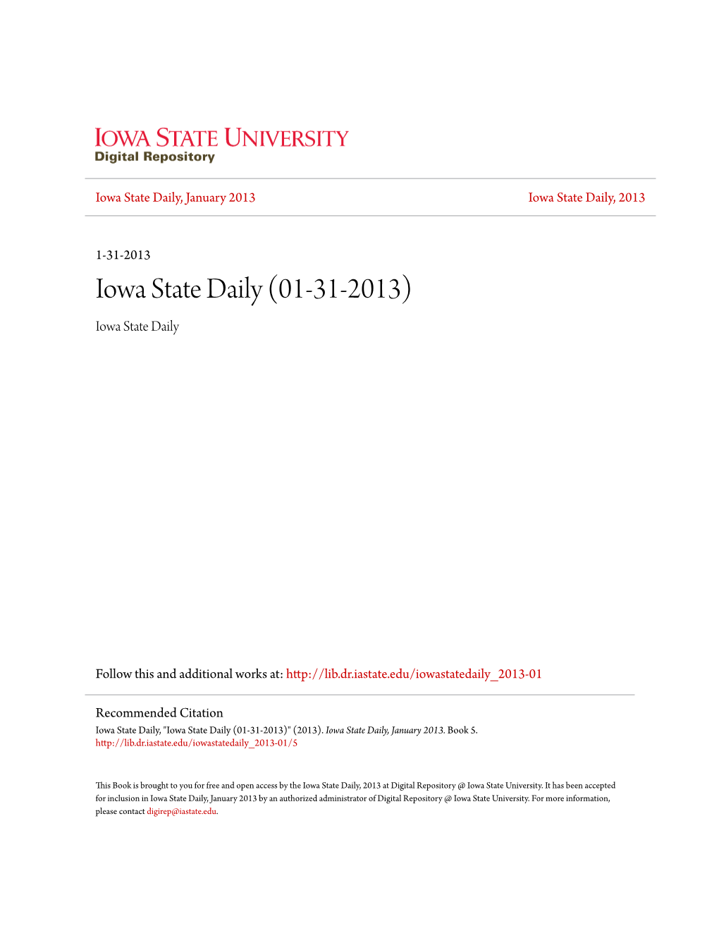 Iowa State Daily, January 2013 Iowa State Daily, 2013