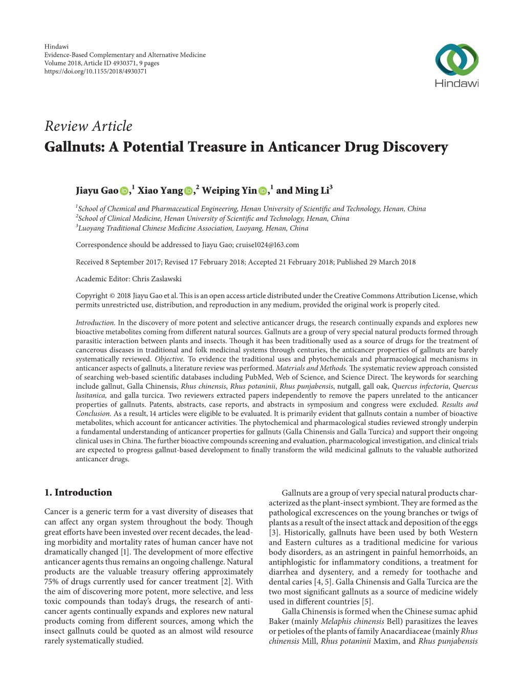 Gallnuts: a Potential Treasure in Anticancer Drug Discovery