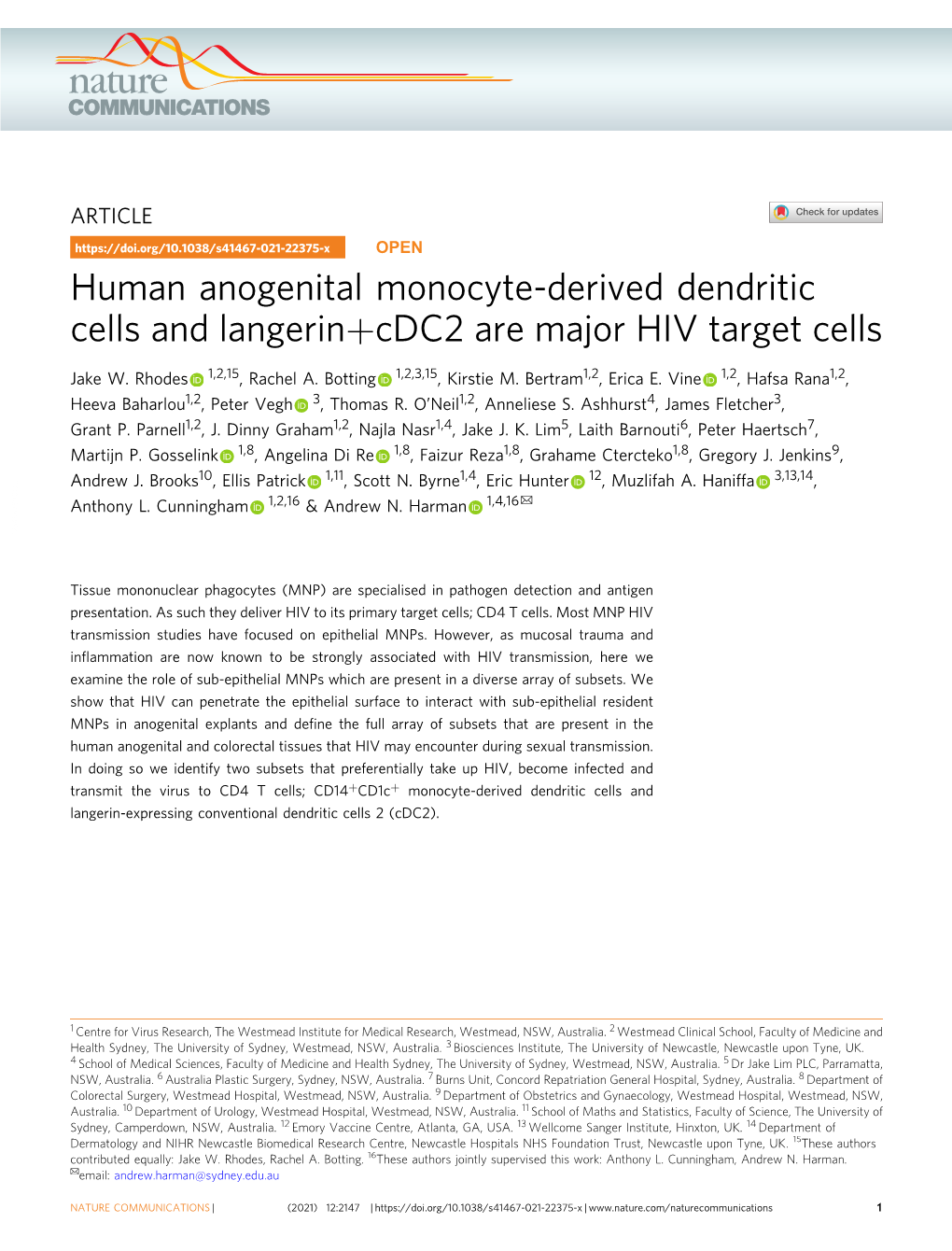 Human Anogenital Monocyte-Derived Dendritic Cells and Langerin+Cdc2 Are Major HIV Target Cells
