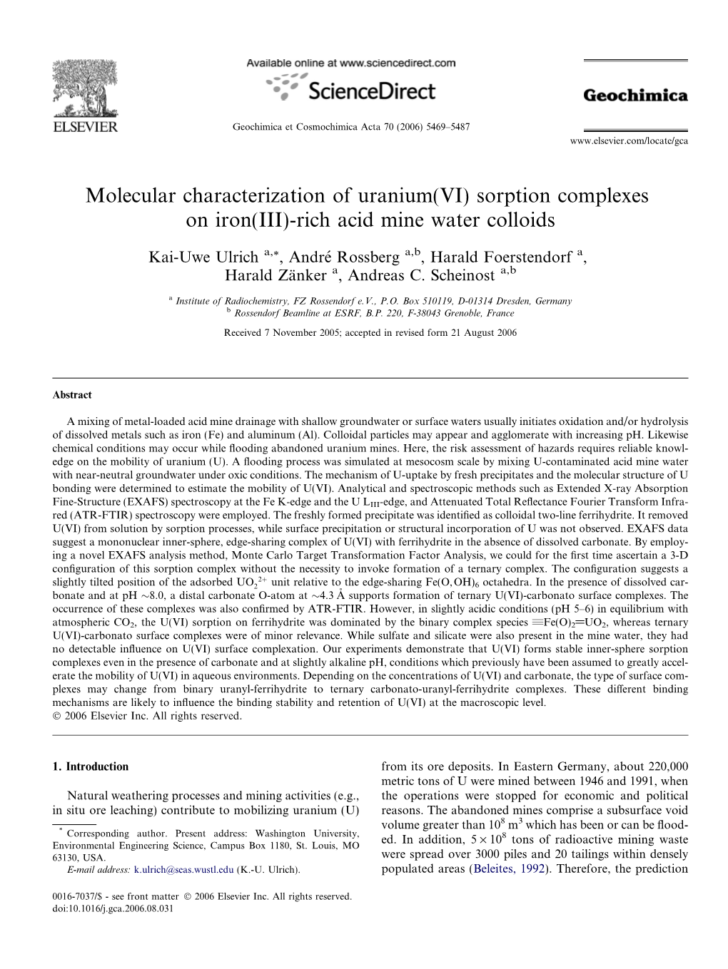 Molecular Characterization of Uranium(VI) Sorption Complexes on Iron(III)-Rich Acid Mine Water Colloids