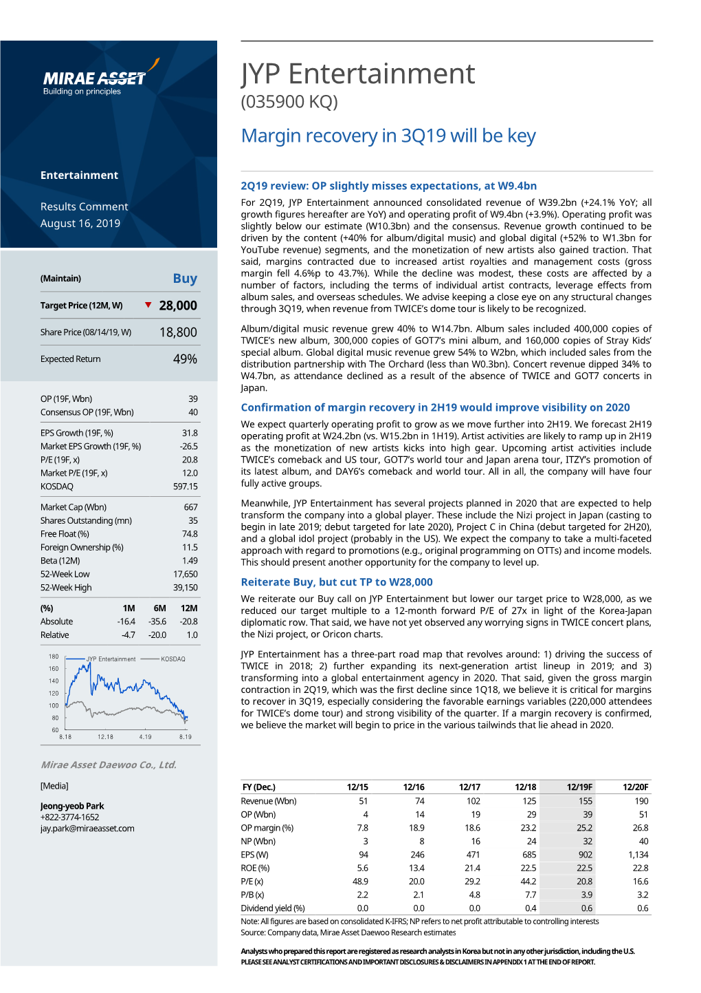 JYP Entertainment (035900 KQ ) Margin Recovery in 3Q19 Will Be Key