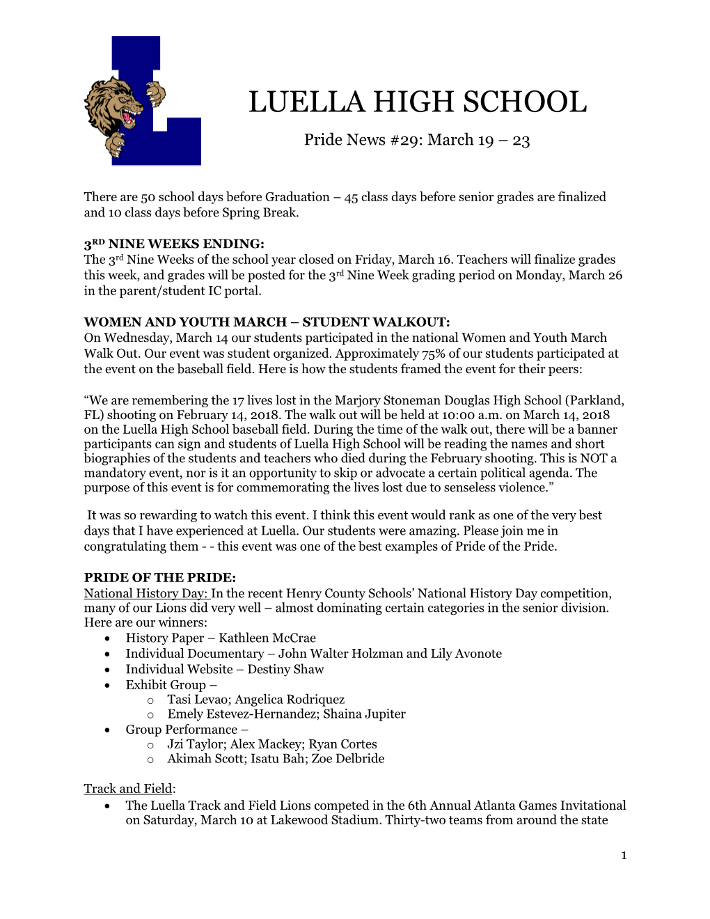 LUELLA HIGH SCHOOL Pride News #29: March 19 – 23