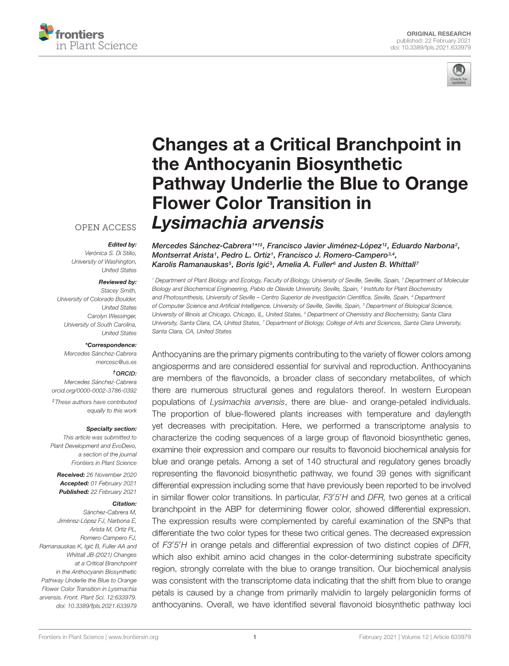 Changes at a Critical Branchpoint in the Anthocyanin Biosynthetic Pathway Underlie the Blue to Orange Flower Color Transition in Lysimachia Arvensis