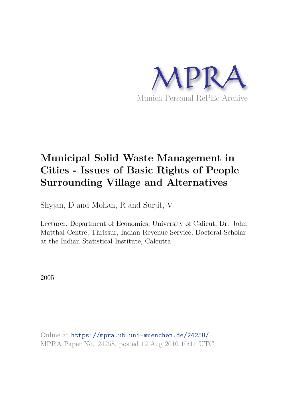 Municipal Solid Waste Management in Cities - Issues of Basic Rights of People Surrounding Village and Alternatives