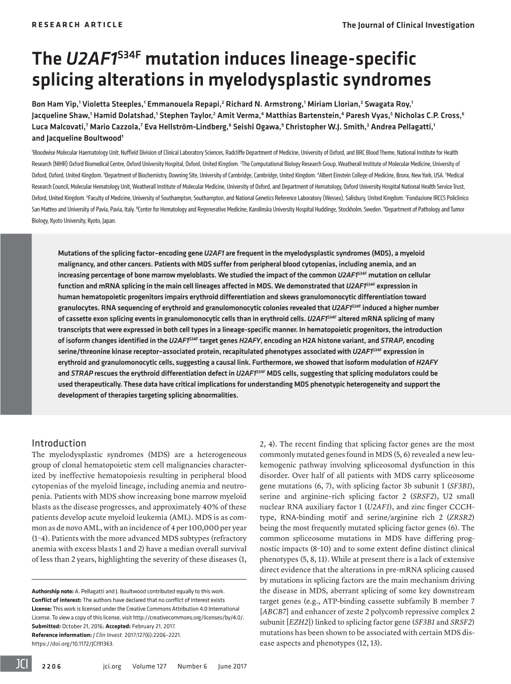 The U2AF1S34F Mutation Induces Lineage-Specific Splicing Alterations in Myelodysplastic Syndromes