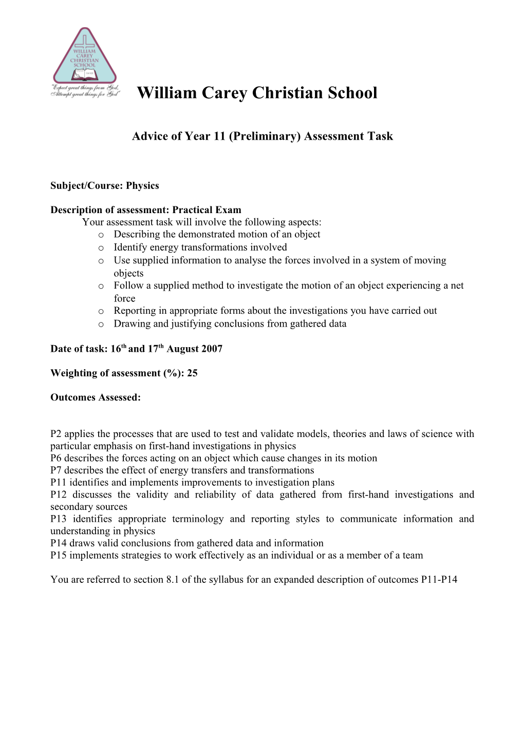 Advice of Year 11 (Preliminary) Assessment Task