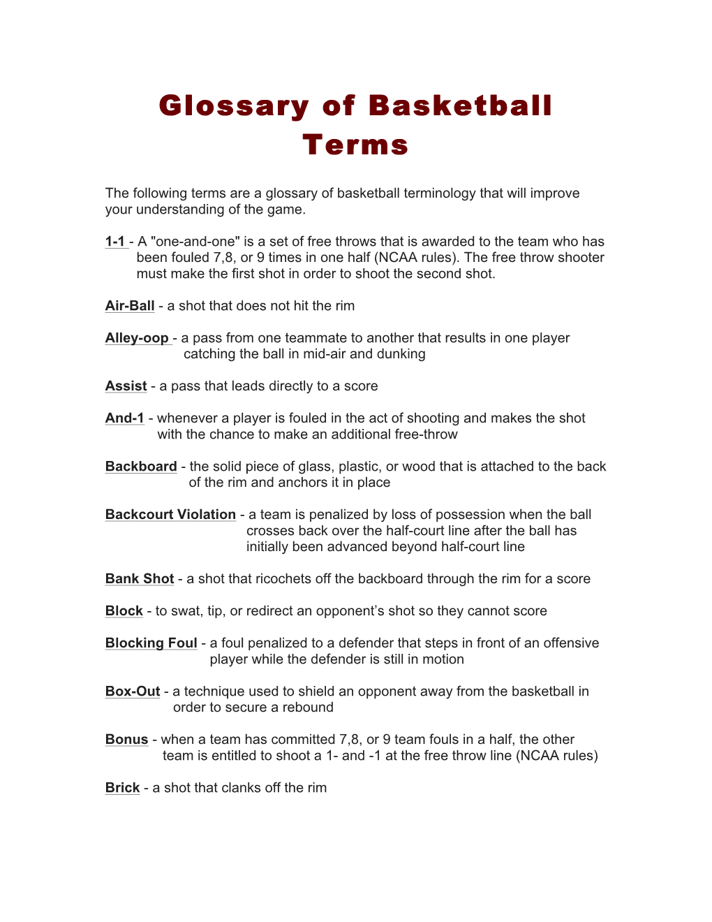 Glossary of Basketball Terms