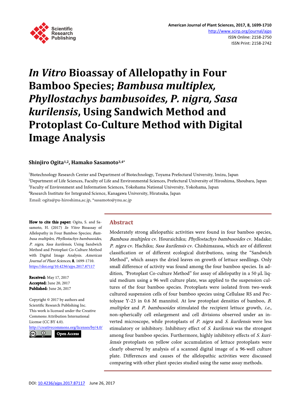 In Vitro Bioassay of Allelopathy in Four Bamboo Species; Bambusa Multiplex, Phyllostachys Bambusoides, P