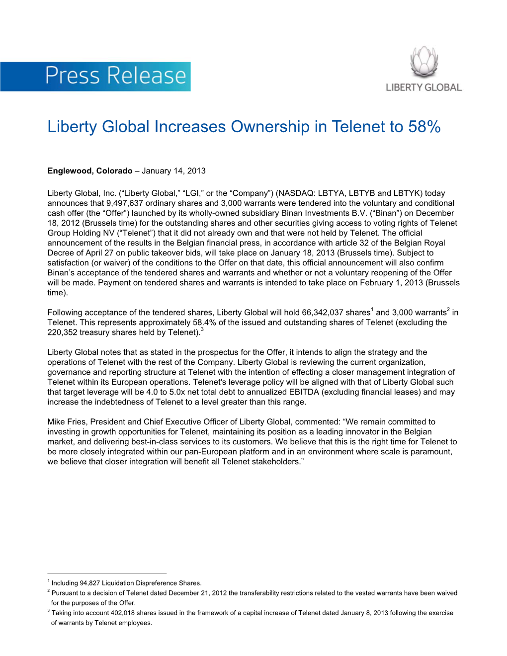 Liberty Global Increases Ownership in Telenet to 58%