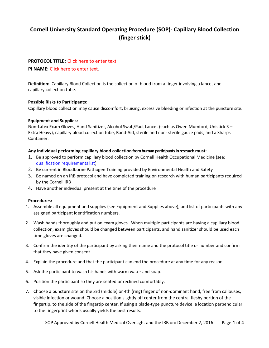 Cornell University Standard Operating Procedure (SOP)- Capillary Blood Collection (Finger