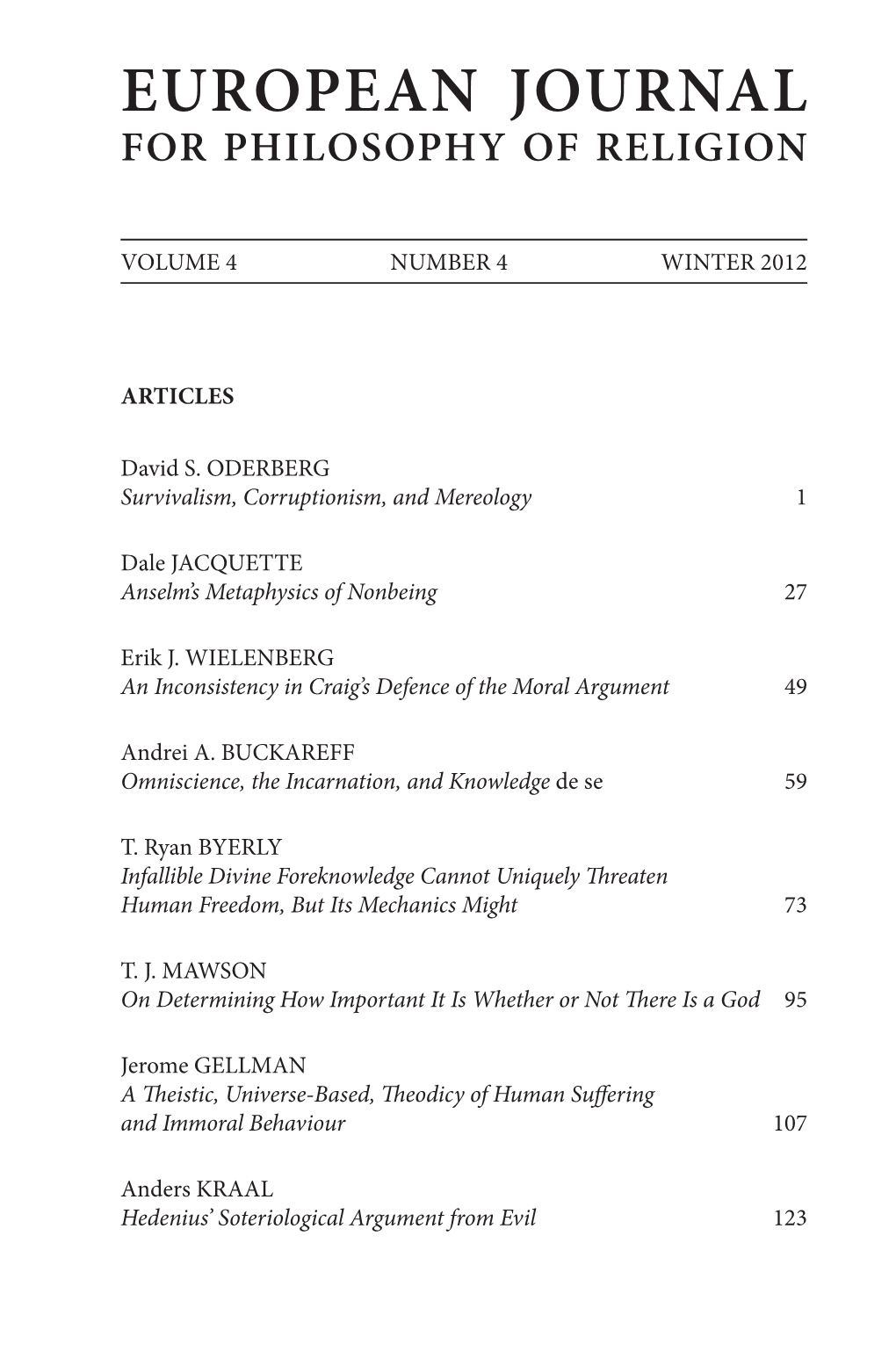 European Journal for Philosophy of Religion