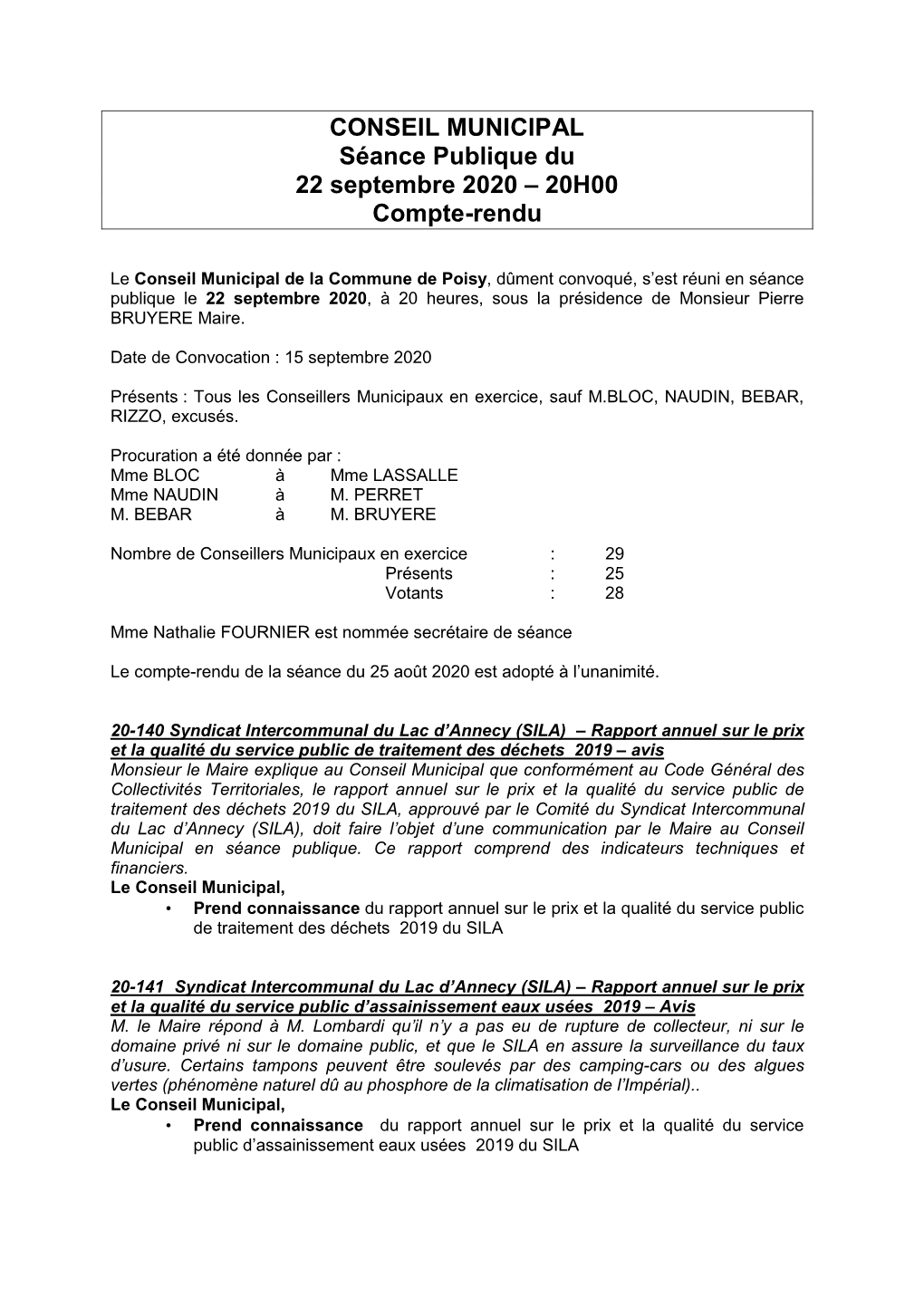 CONSEIL MUNICIPAL Séance Publique Du 22 Septembre 2020 – 20H00 Compte-Rendu