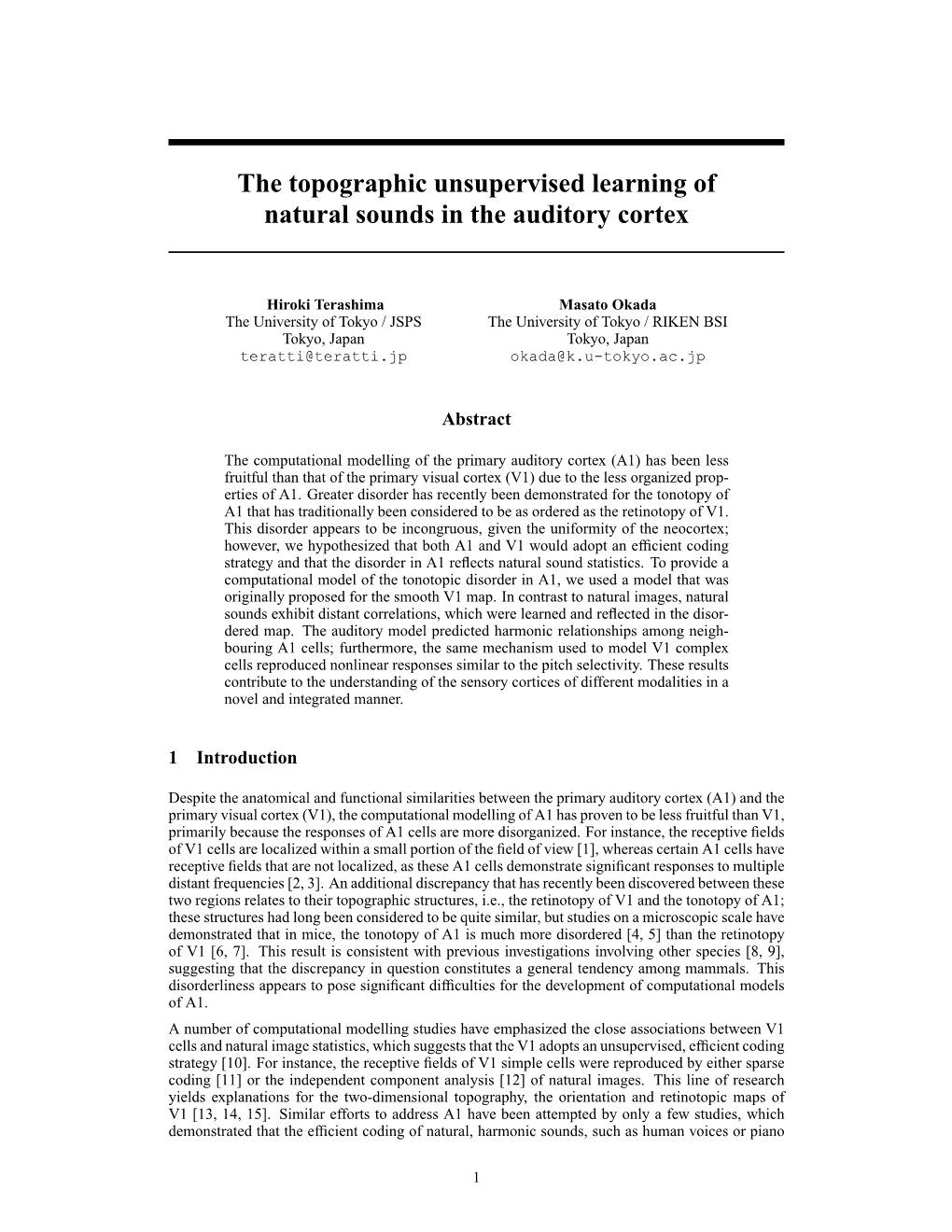 The Topographic Unsupervised Learning of Natural Sounds in the Auditory Cortex