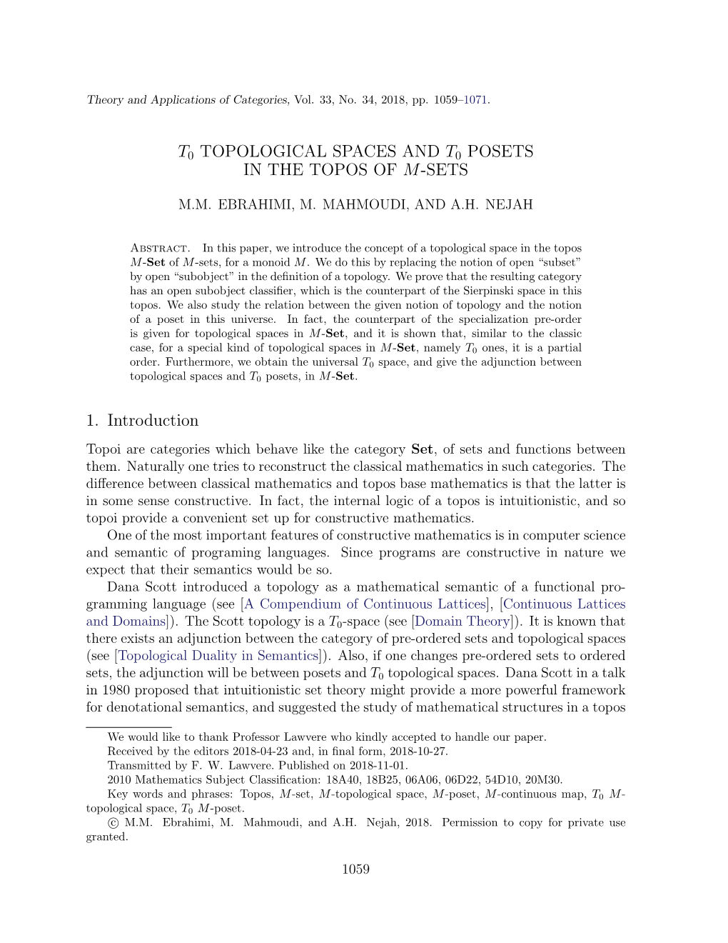 T0 Topological Spaces and T0 Posets in the Topos of M-Sets