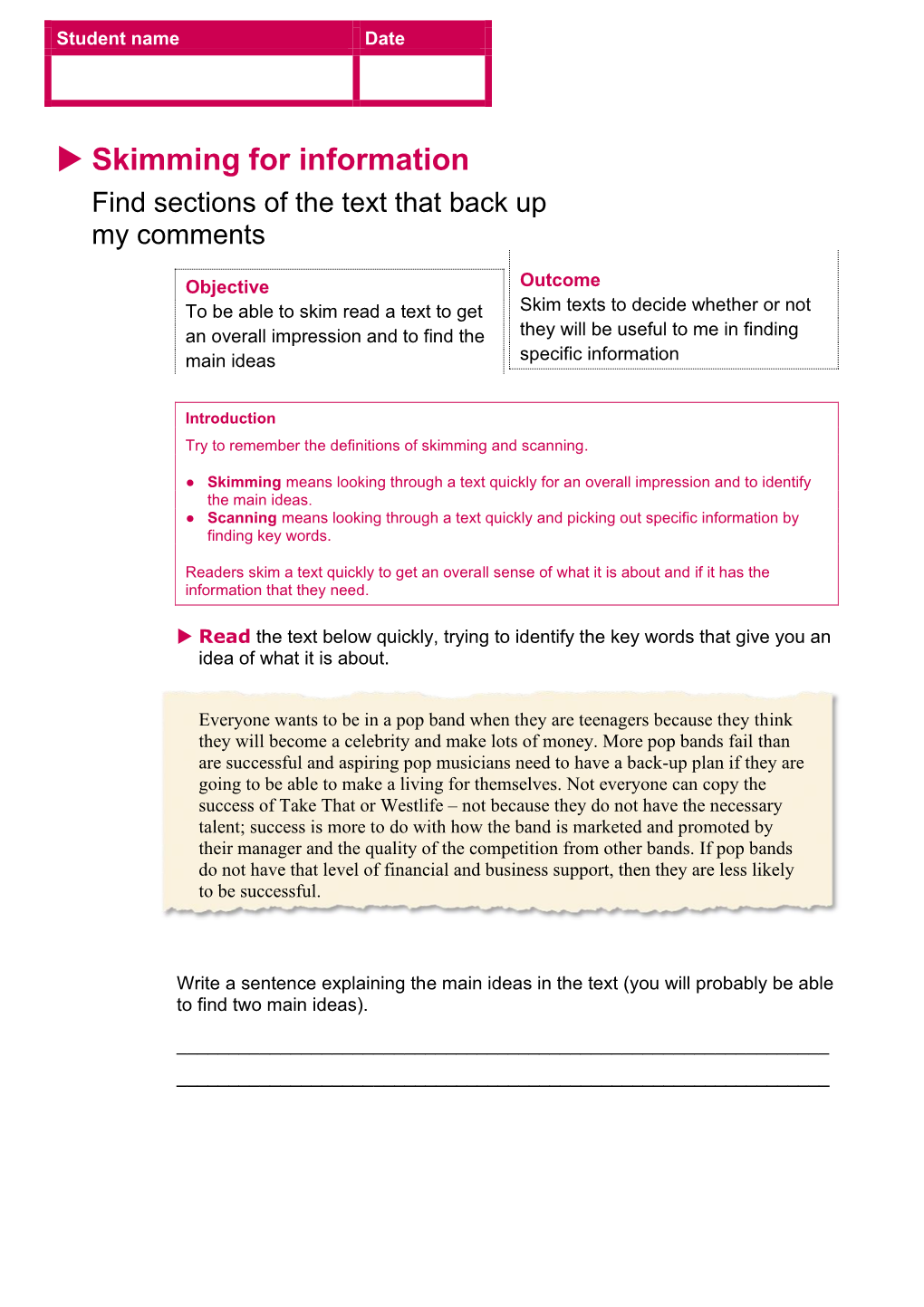 Lesson 1 Skimming for Information Student Booklet