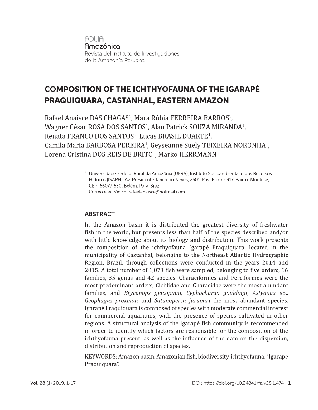 Composition of the Ichthyofauna of the Igarapé Praquiquara, Castanhal, Eastern Amazon