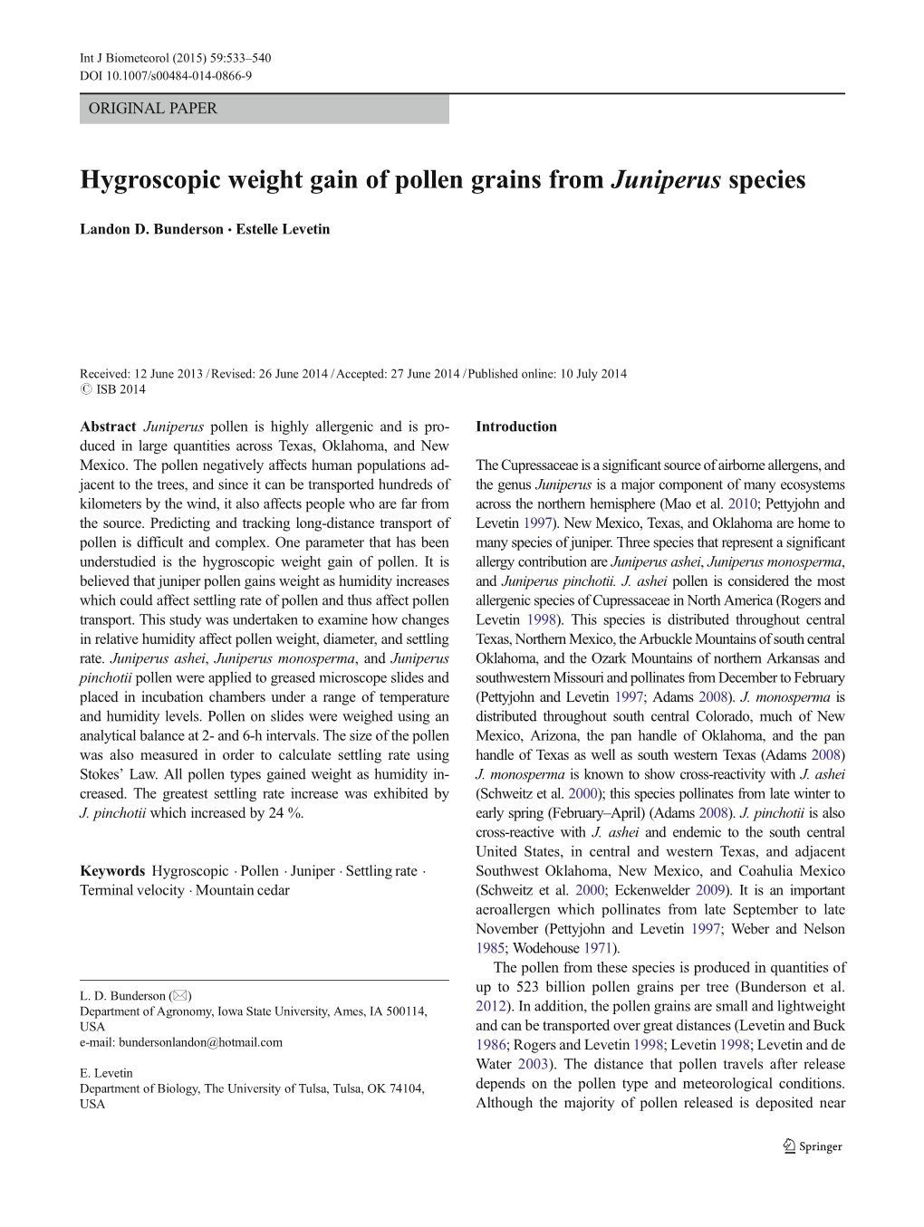 Hygroscopic Weight Gain of Pollen Grains from Juniperus Species