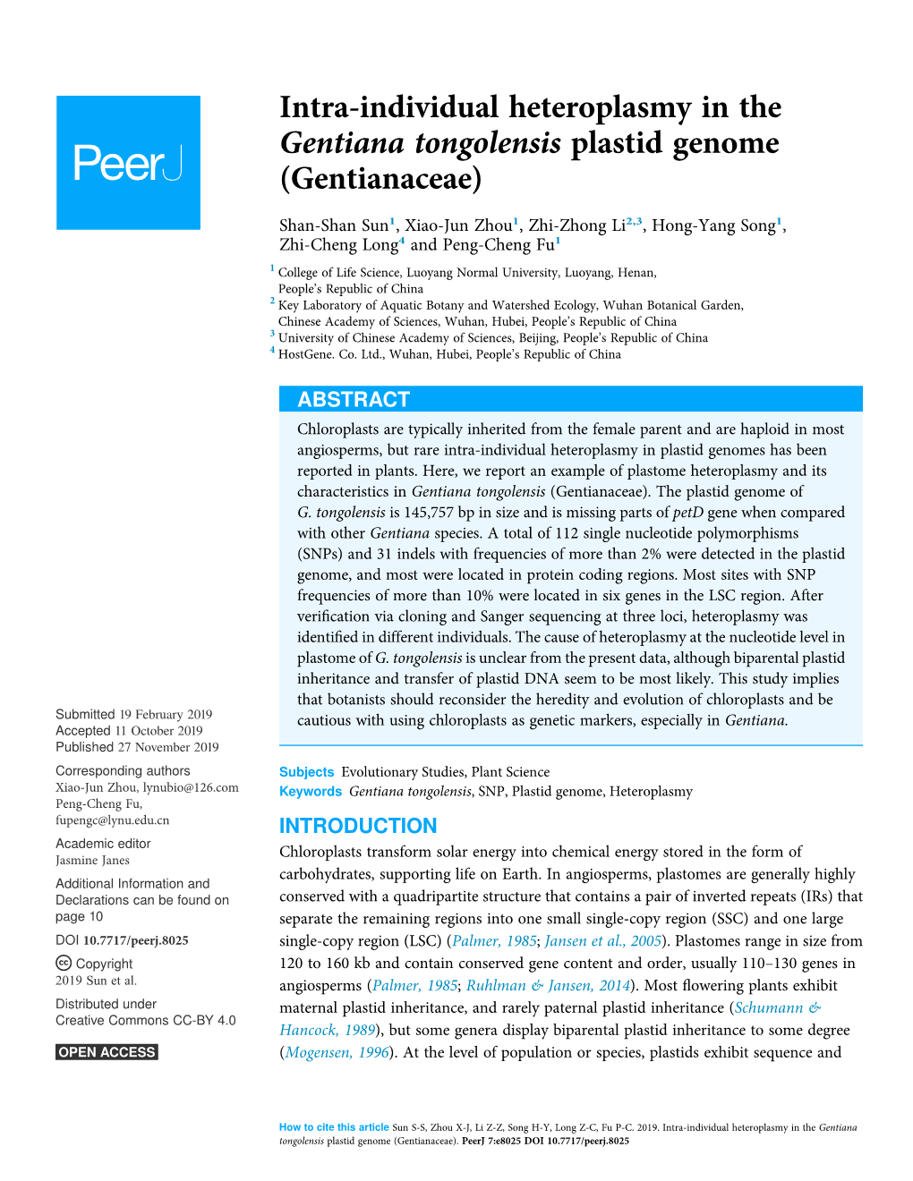 Intra-Individual Heteroplasmy in the Gentiana Tongolensis Plastid Genome (Gentianaceae)