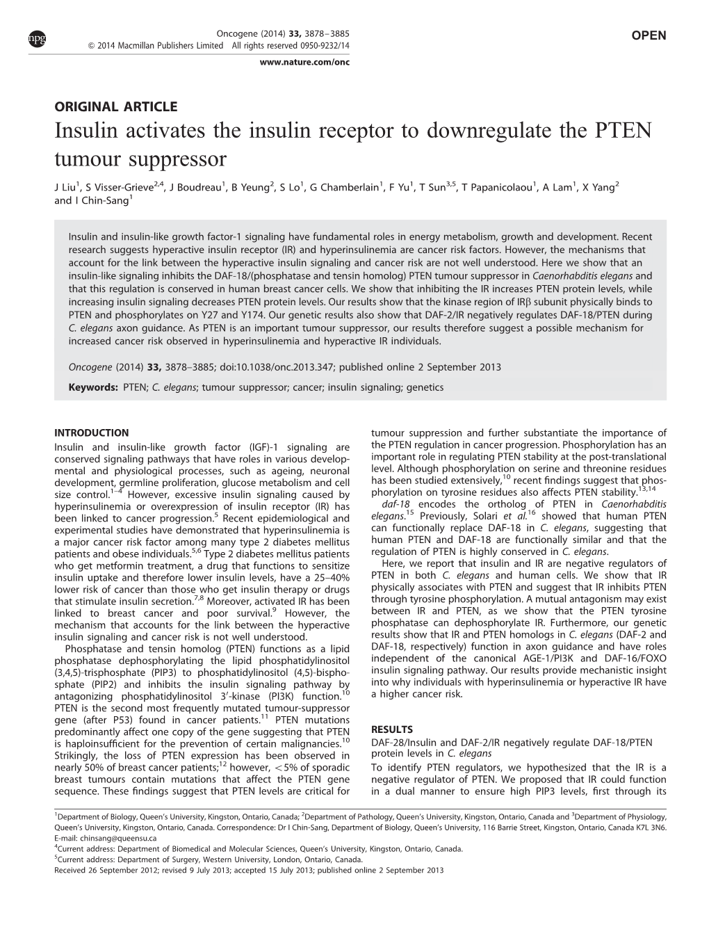 Insulin Activates the Insulin Receptor to Downregulate the PTEN Tumour Suppressor