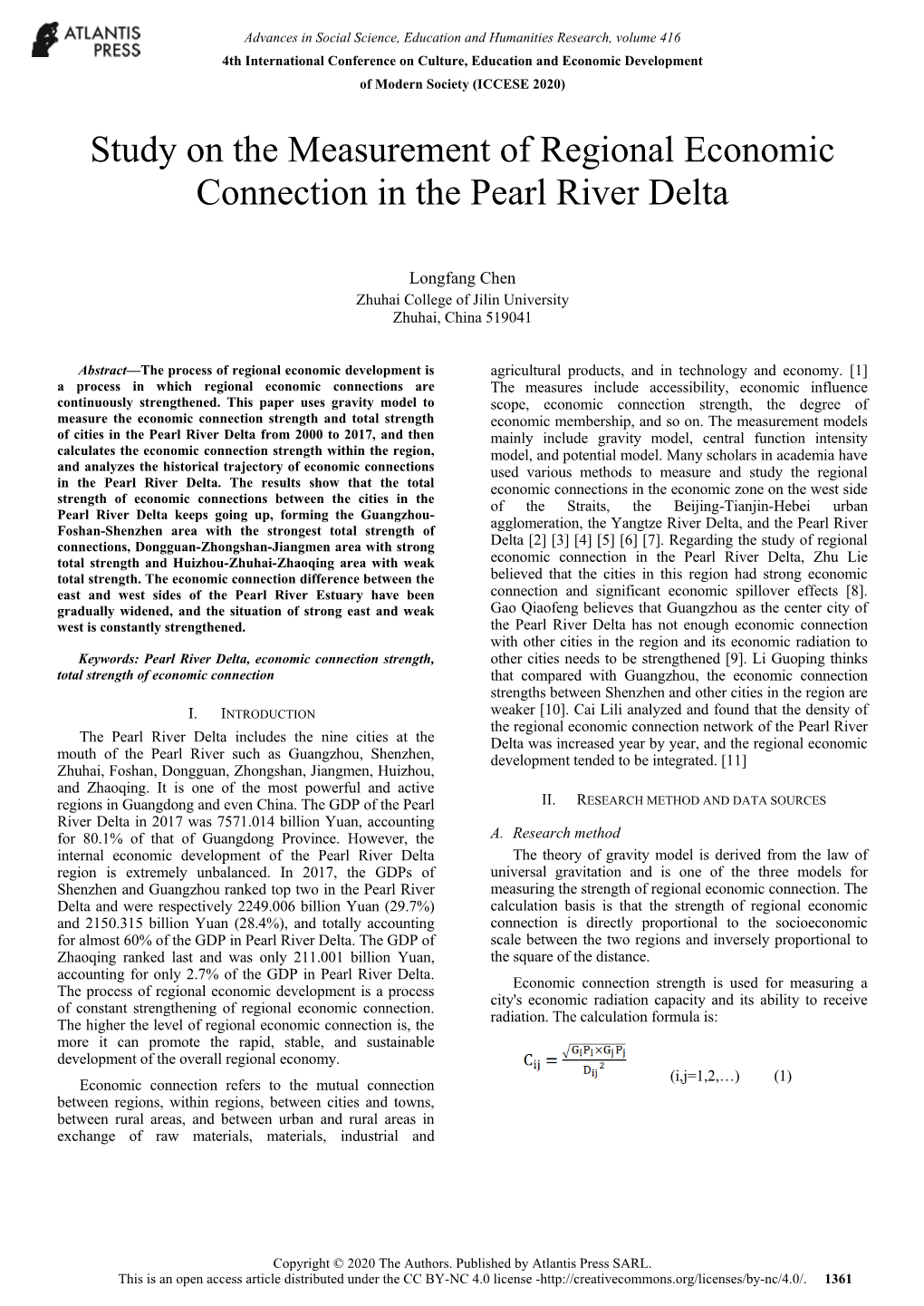 Study on the Measurement of Regional Economic Connection in the Pearl River Delta