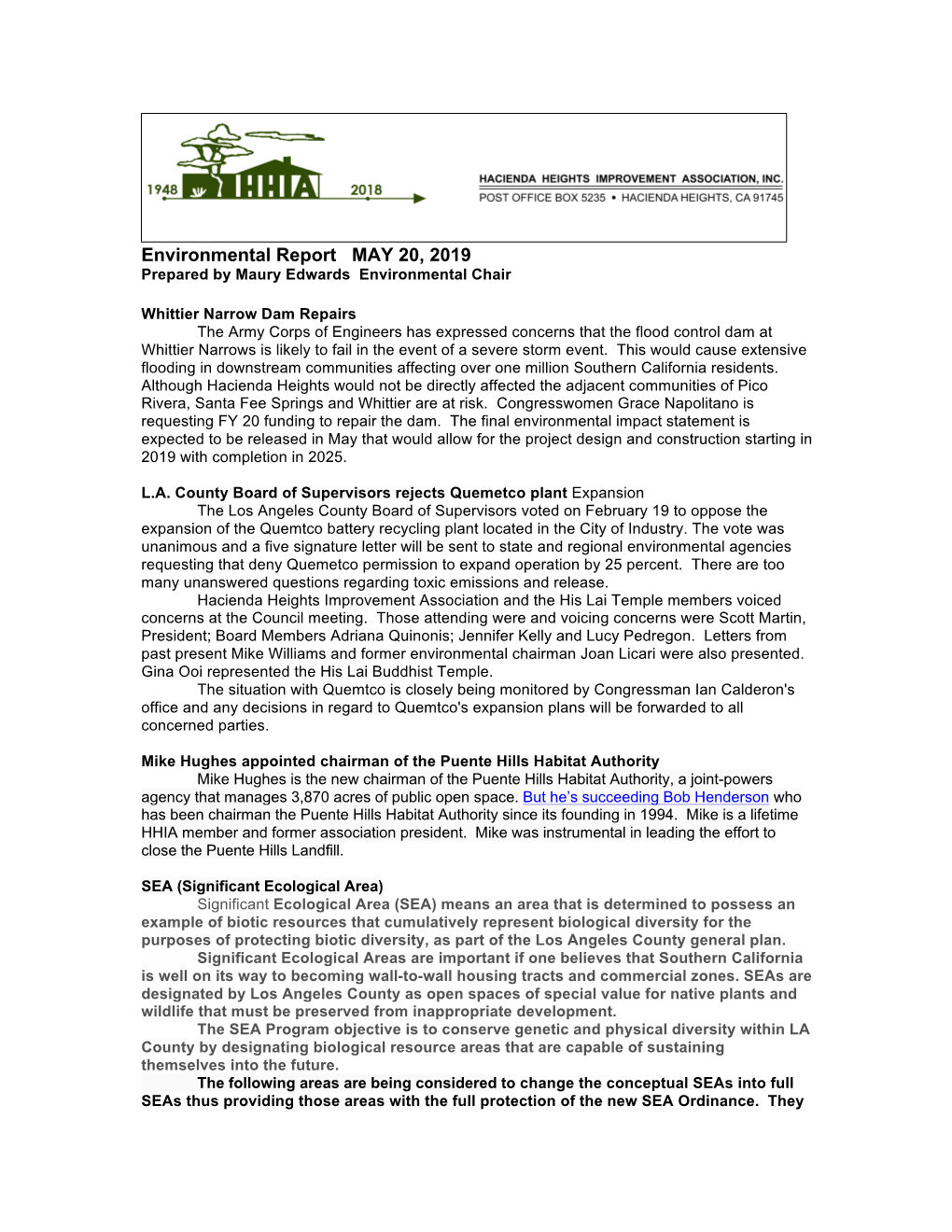 Environmental Report MAY 20, 2019 Prepared by Maury Edwards Environmental Chair