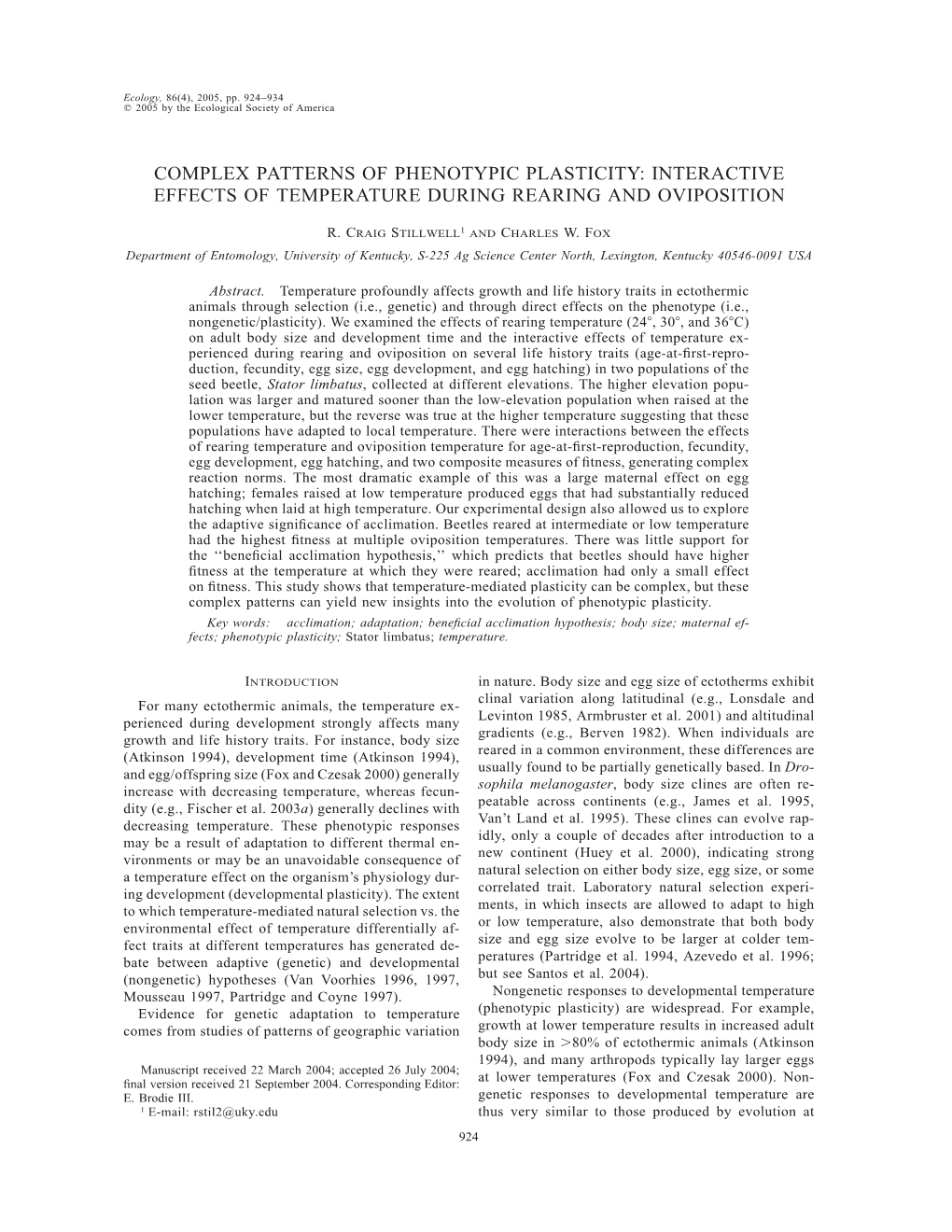 Complex Patterns of Phenotypic Plasticity: Interactive Effects of Temperature During Rearing and Oviposition