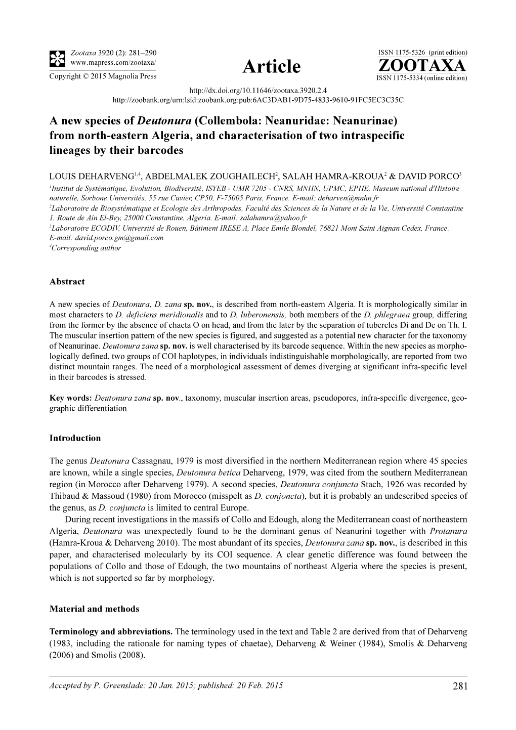 A New Species of Deutonura (Collembola: Neanuridae: Neanurinae) from North-Eastern Algeria, and Characterisation of Two Intraspecific Lineages by Their Barcodes