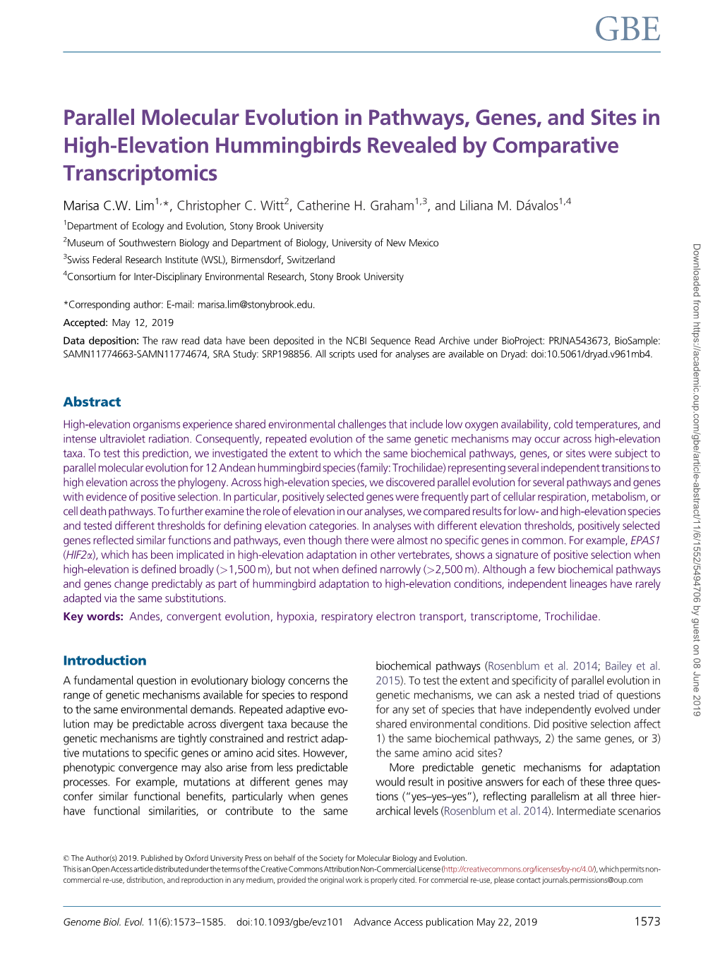 Parallel Molecular Evolution in Pathways, Genes, and Sites in High-Elevation Hummingbirds Revealed by Comparative Transcriptomics