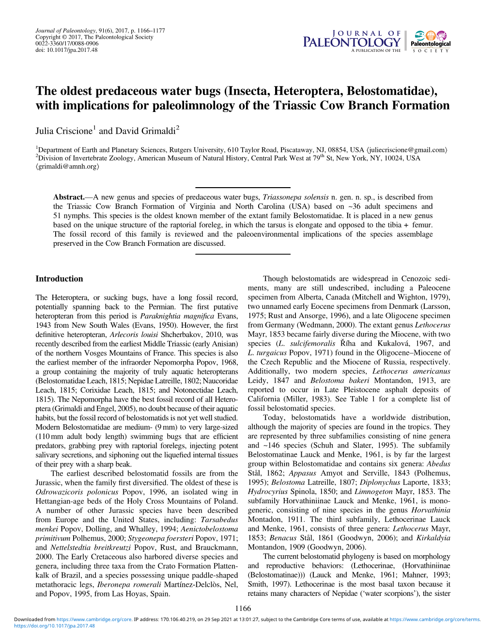 The Oldest Predaceous Water Bugs (Insecta, Heteroptera, Belostomatidae), with Implications for Paleolimnology of the Triassic Cow Branch Formation