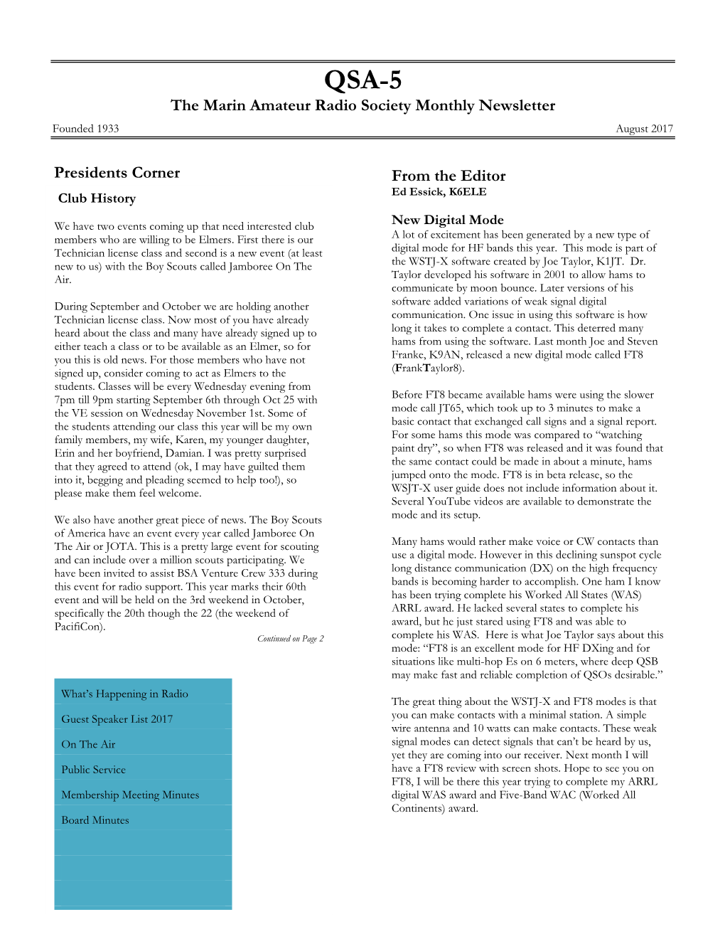 The Marin Amateur Radio Society Monthly Newsletter Presidents Corner from the Editor