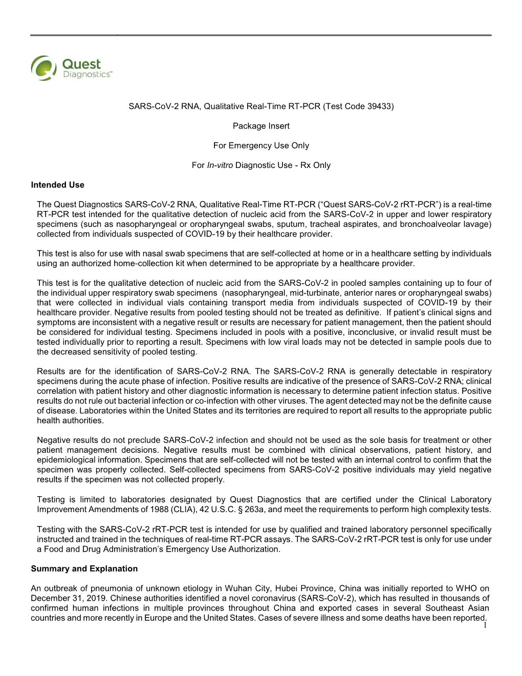 SARS-Cov-2 RNA, Qualitative Real-Time RT-PCR (Test Code 39433)