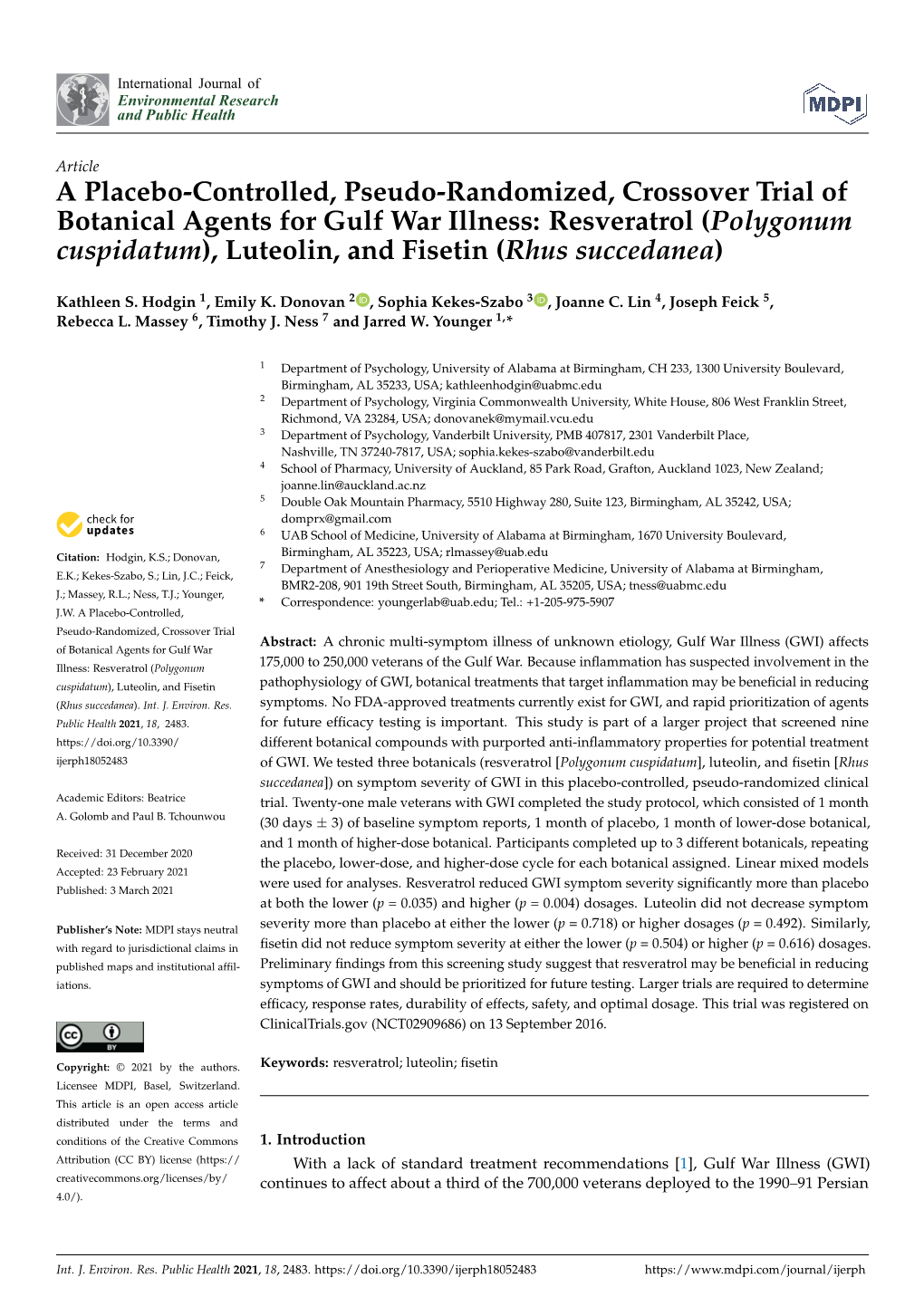 A Placebo-Controlled, Pseudo-Randomized, Crossover Trial of Botanical Agents for Gulf War Illness: Resveratrol (Polygonum Cuspid