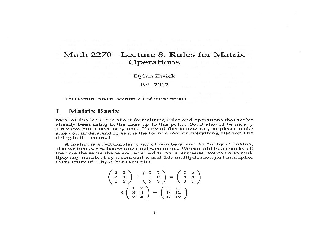 Rules for Matrix Operations