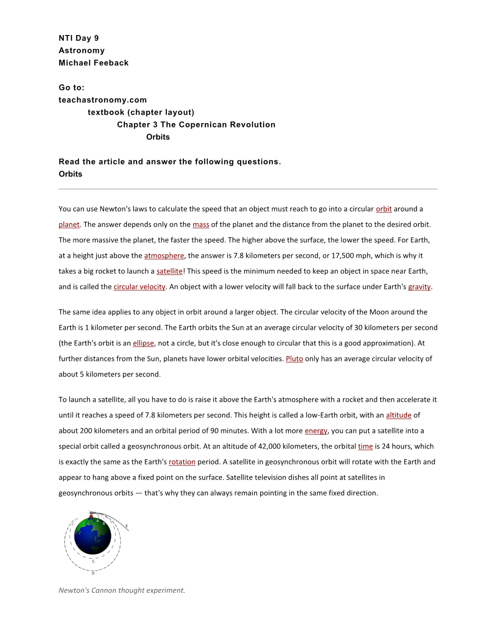 NTI Day 9 Astronomy Michael Feeback Go To: Teachastronomy