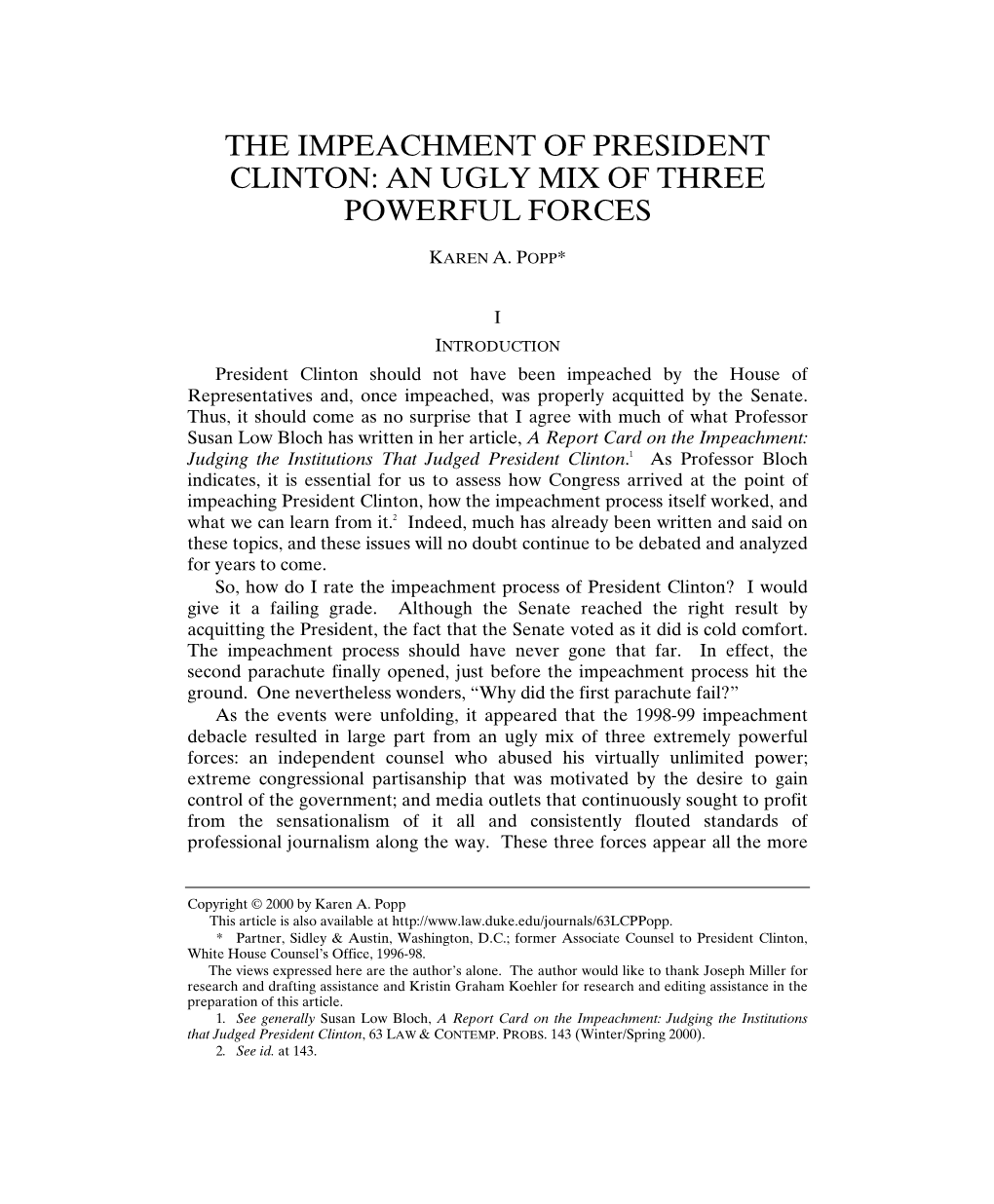 The Impeachment of President Clinton: an Ugly Mix of Three Powerful Forces