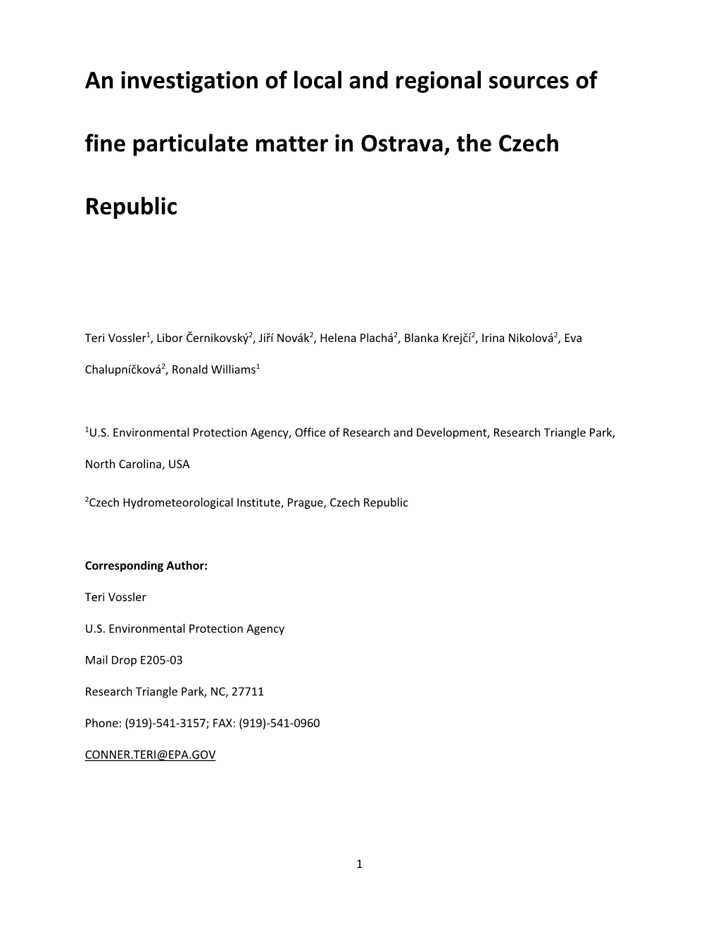 An Investigation of Local and Regional Sources of Fine Particulate Matter in Ostrava, the Czech