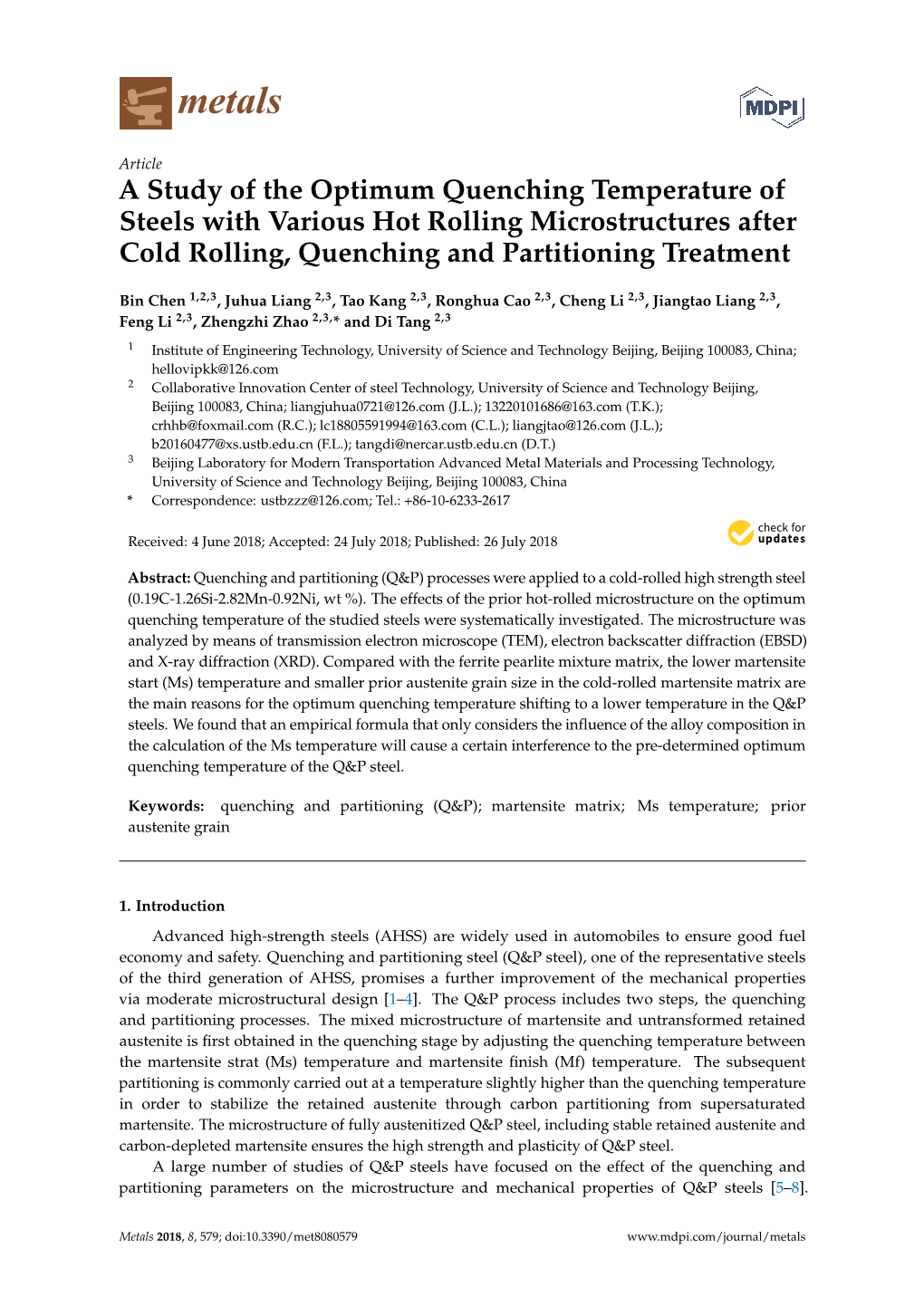 A Study of the Optimum Quenching Temperature of Steels with Various Hot Rolling Microstructures After Cold Rolling, Quenching and Partitioning Treatment