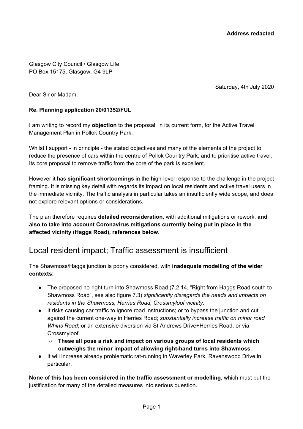 Local Resident Impact; Traffic Assessment Is Insufficient