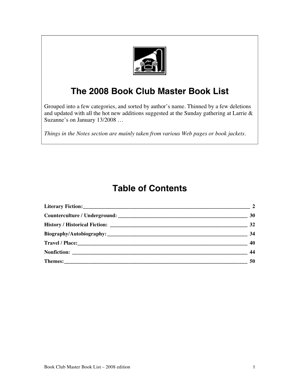 The 2008 Book Club Master Book List Table of Contents