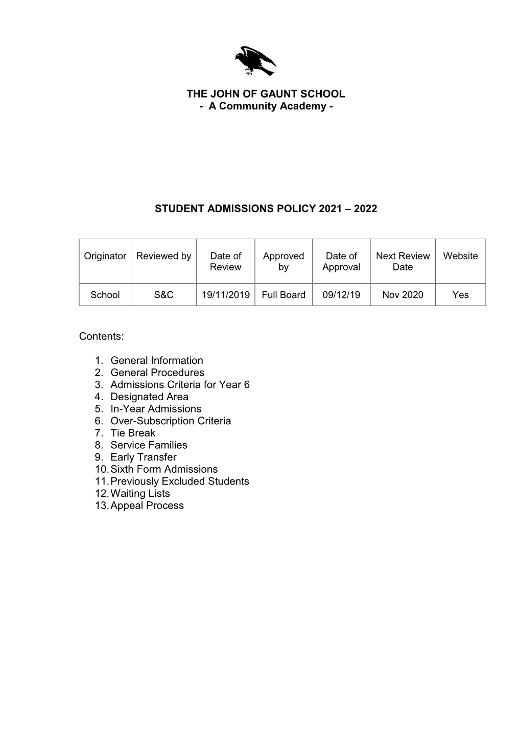 Student Admissions Policy 2021 – 2022