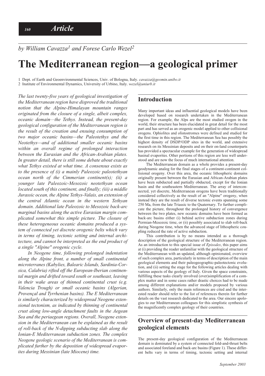 The Mediterranean Region—A Geological Primer