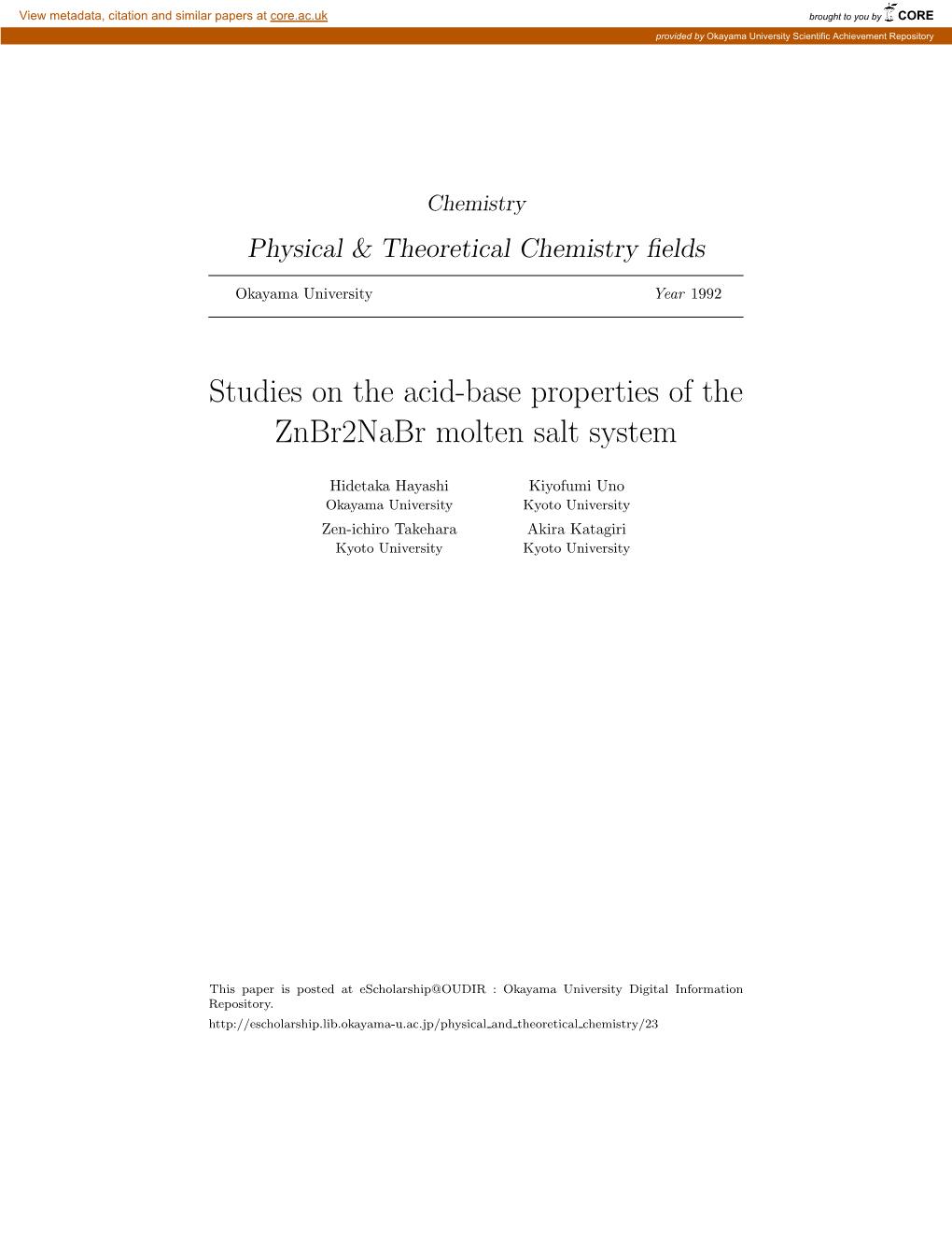 Studies on the Acid-Base Properties of the Znbr2nabr Molten Salt System