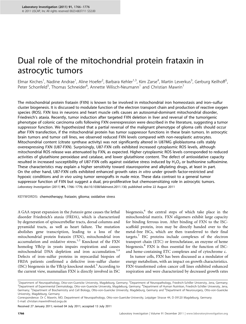 Dual Role of the Mitochondrial Protein Frataxin in Astrocytic Tumors